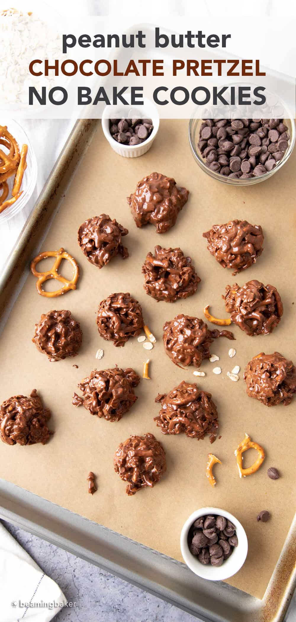 No Bake Chocolate Peanut Butter Pretzel Cookies - Beaming Baker