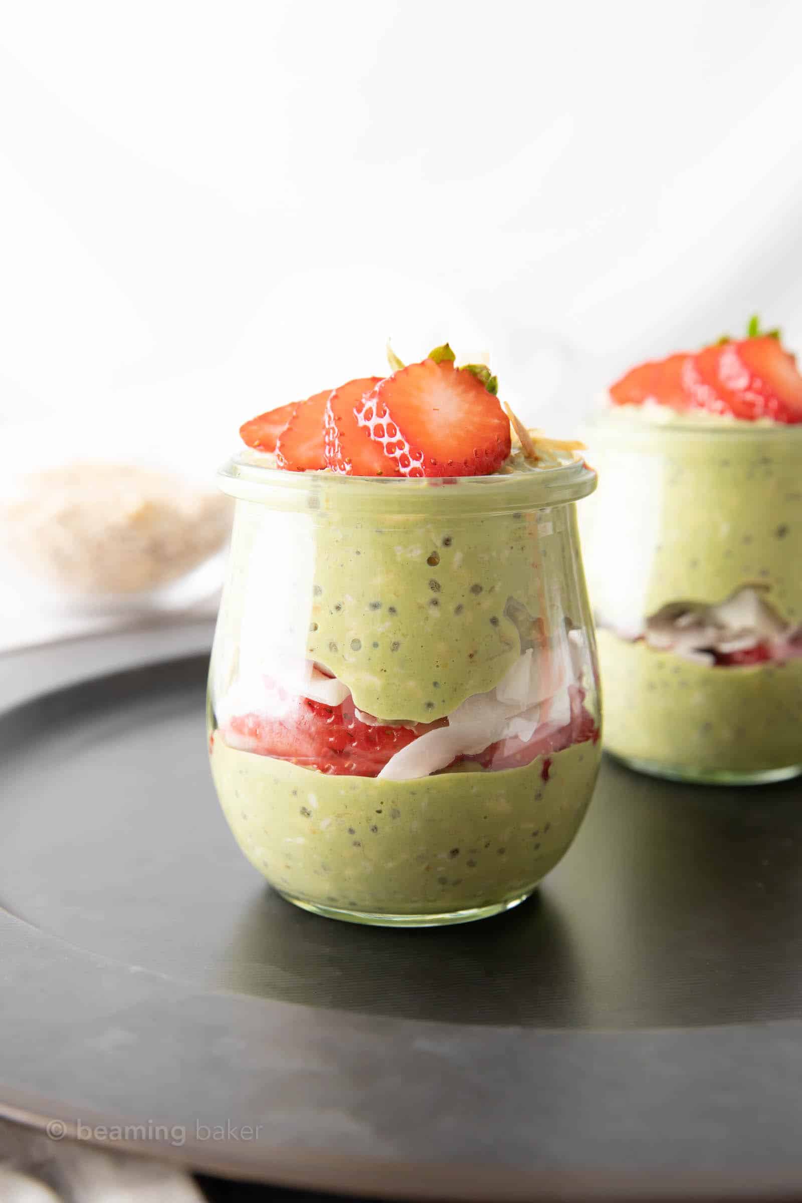 matcha overnight oats served in a small overnight oats jars