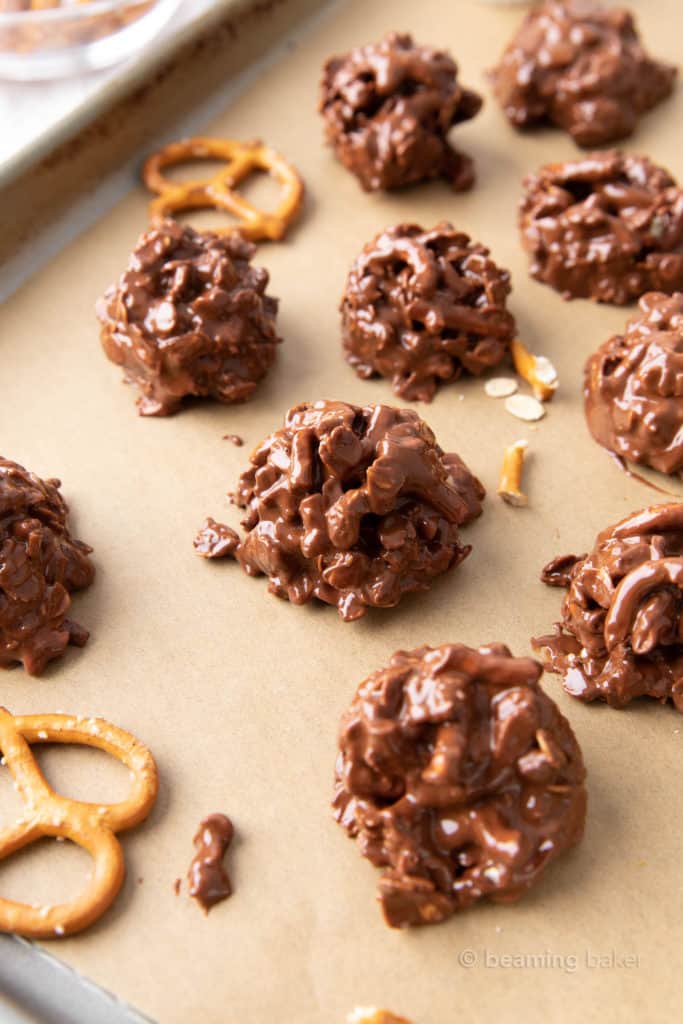 No Bake Chocolate Peanut Butter Pretzel Cookies - Beaming Baker