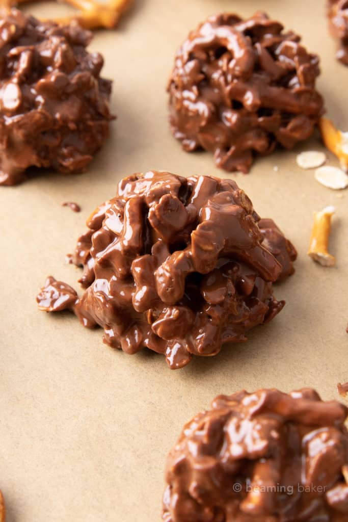 No Bake Chocolate Peanut Butter Pretzel Cookies - Beaming Baker