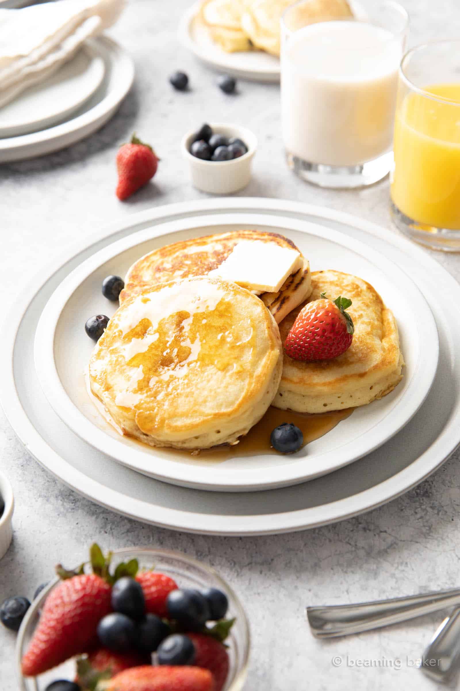 plate of three fluffiest vegan buttermilk pancakes