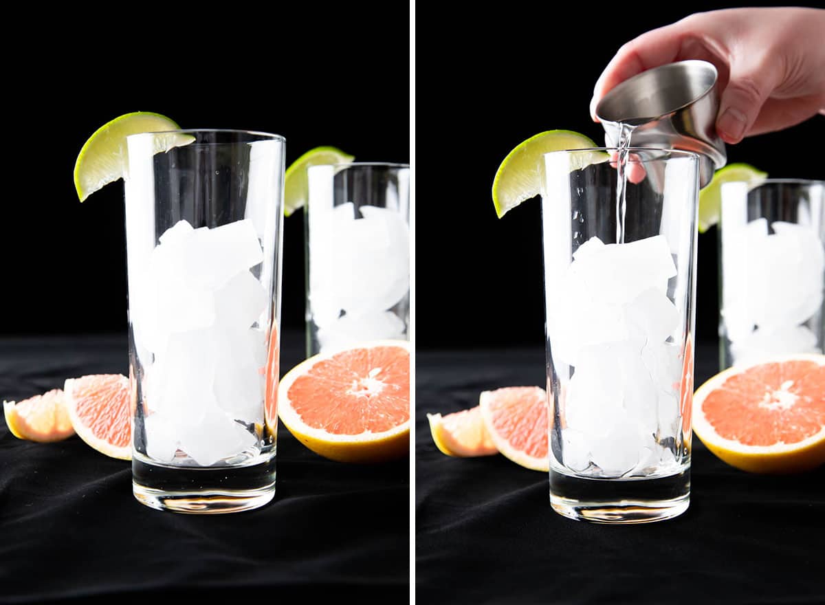 Two photos showing How to Make a Greyhound Drink – pouring ice and gin into a glass
