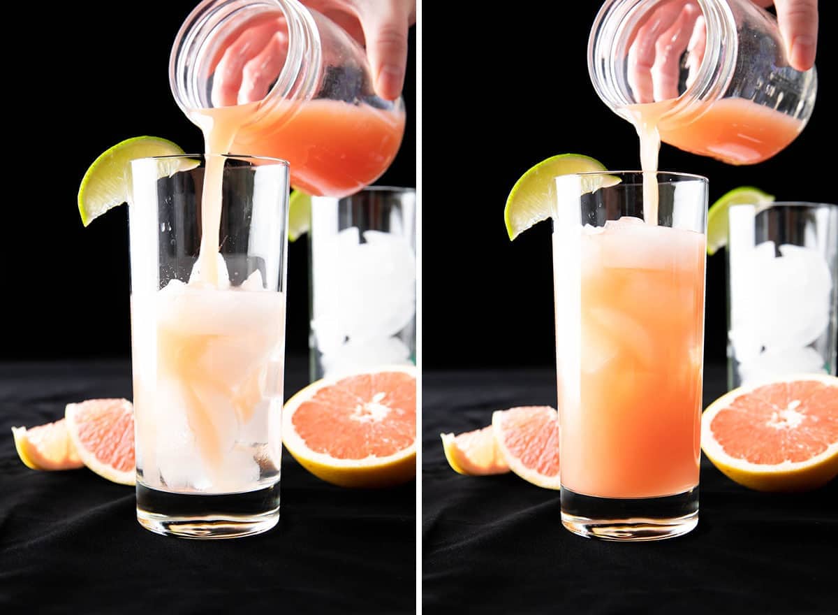 Two photos showing How to Make a Greyhound Drink – adding grapefruit juice 