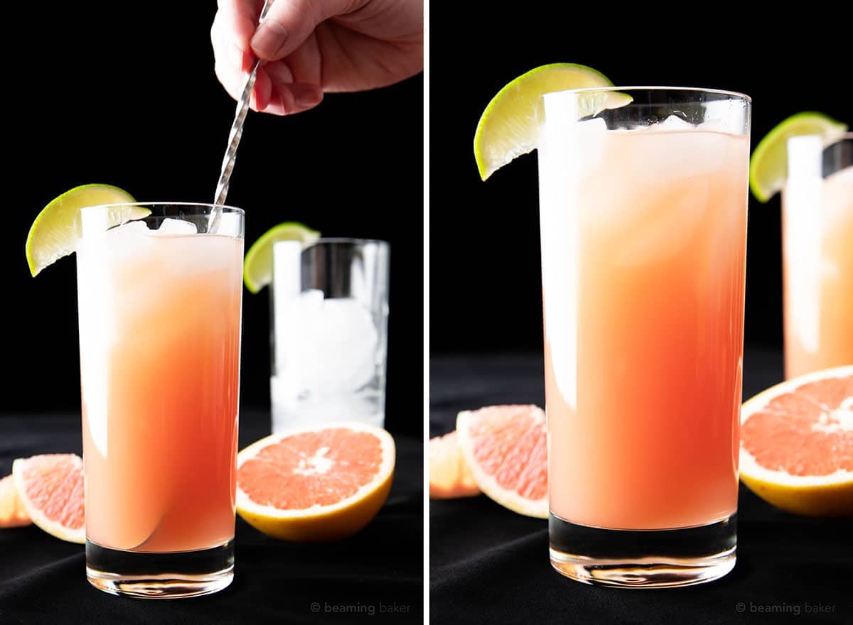 Two photos showing How to Make a Greyhound Drink – stirring