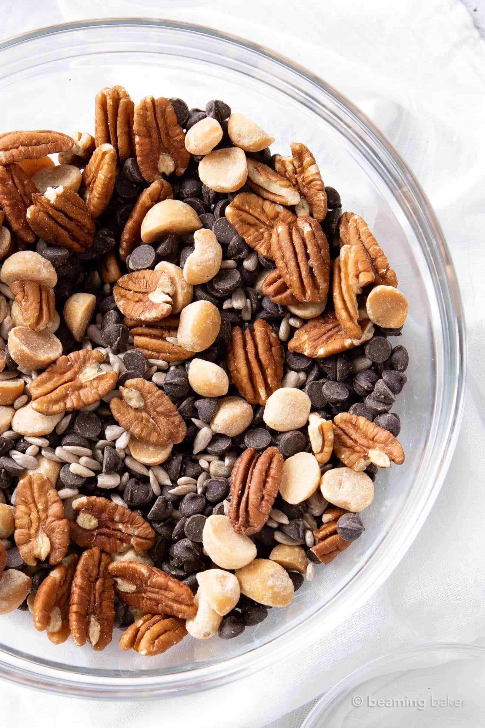 Closeup of half a bowl of keto trail mix