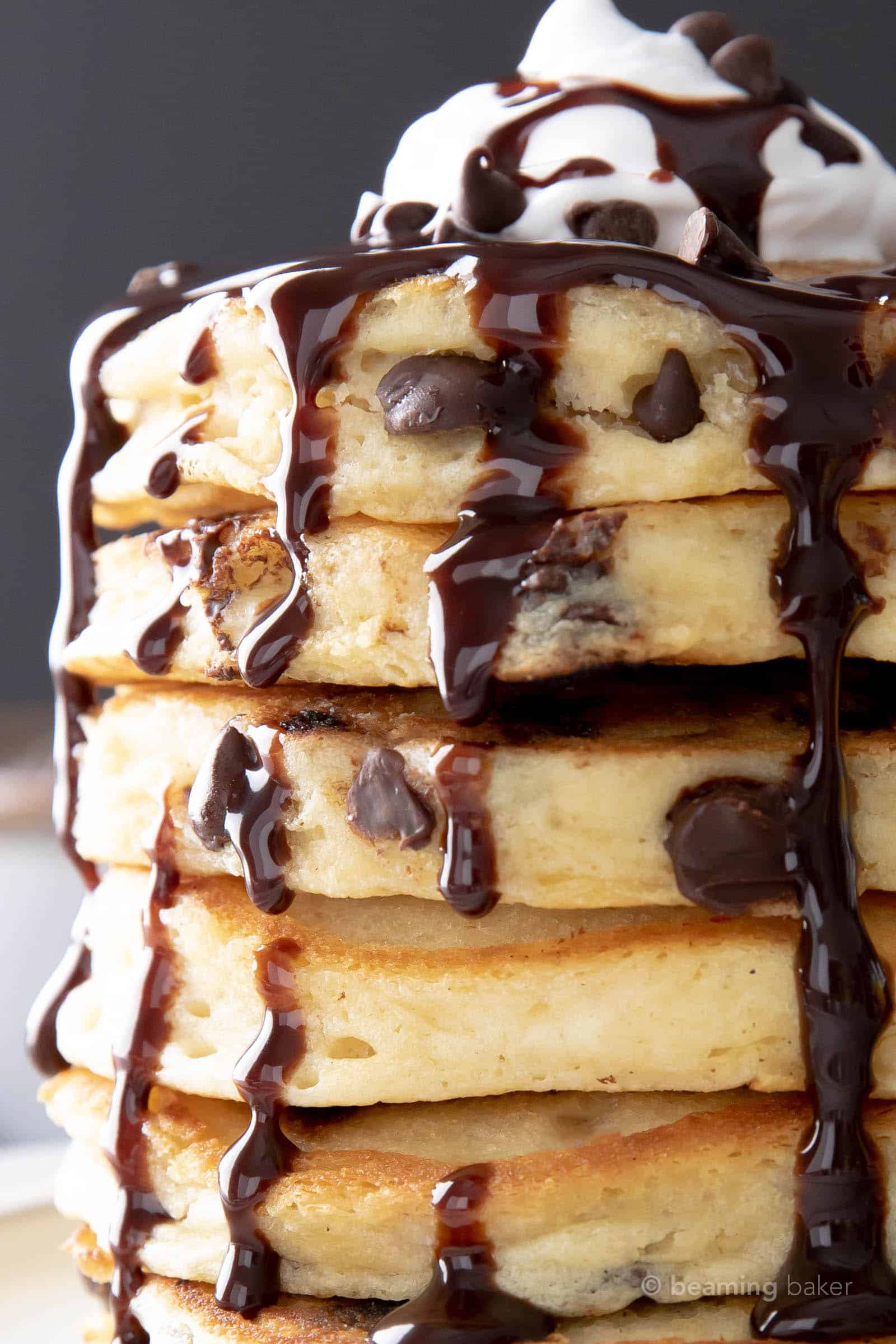 Close up stack of chocolate chip pancakes with no milk