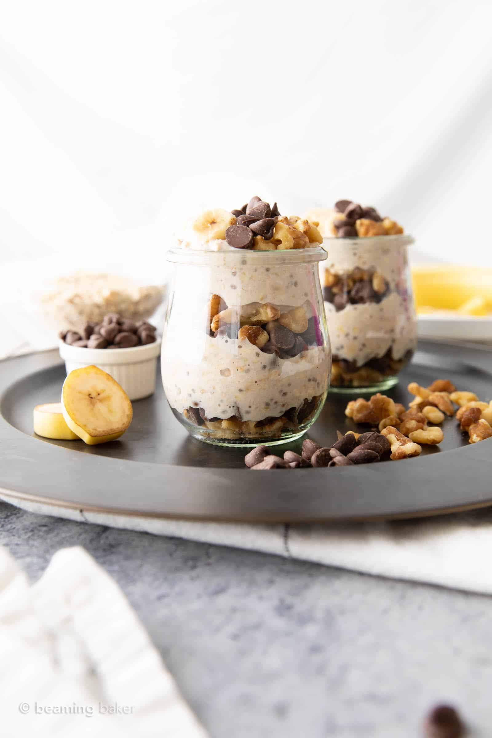 Chunky monkey overnight oats recipe against a white backdrop