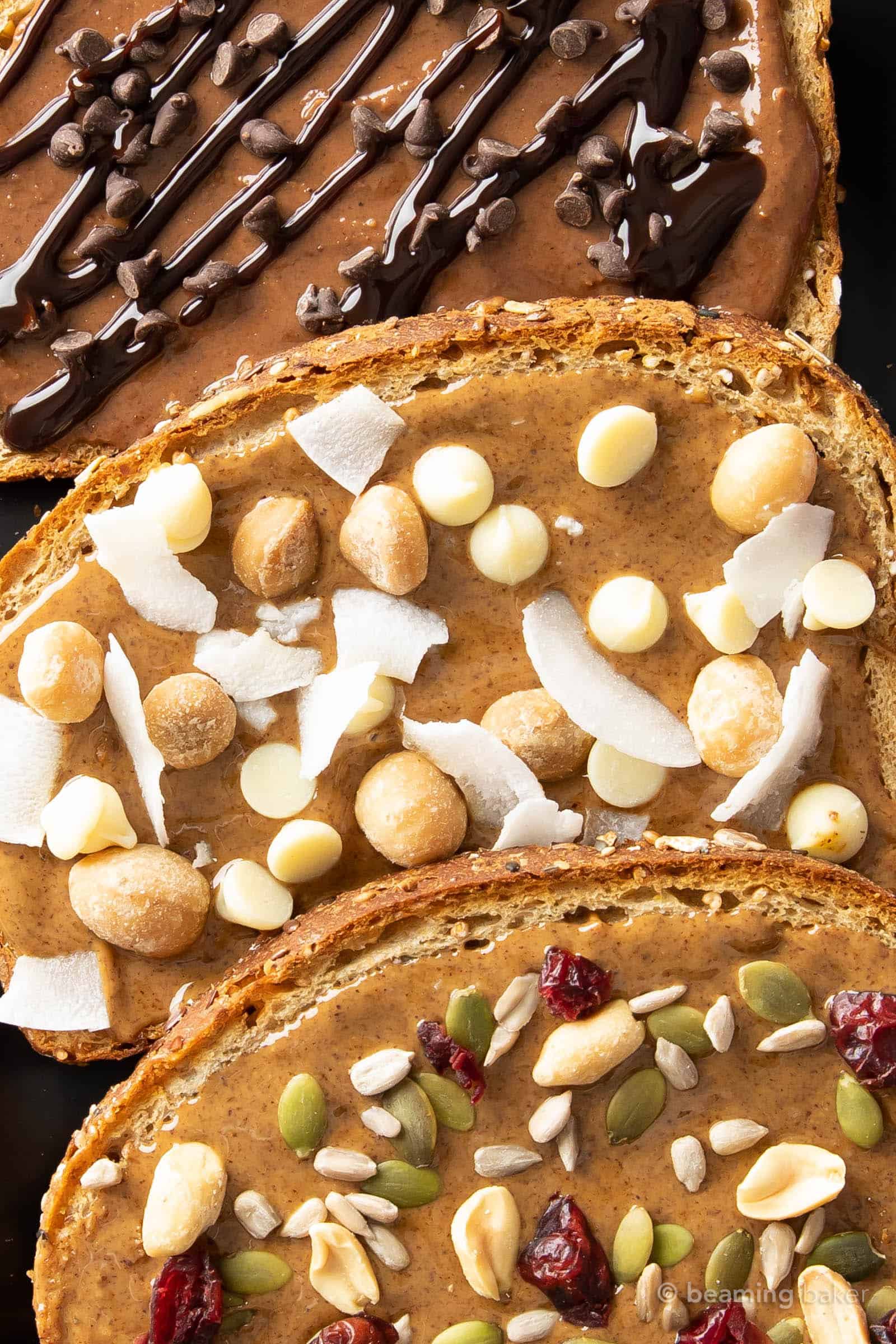 the white chocolate macadamia almond butter toast variation on freshly toasted bread