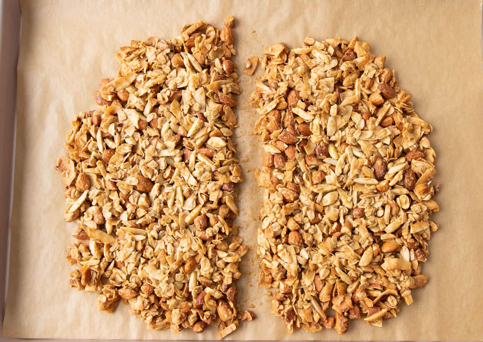 a visual diagram of the baked vanilla almond granola cluster split into two sections