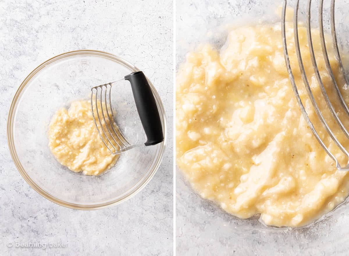 two photos showing how to mash bananas for the breakfast bars.