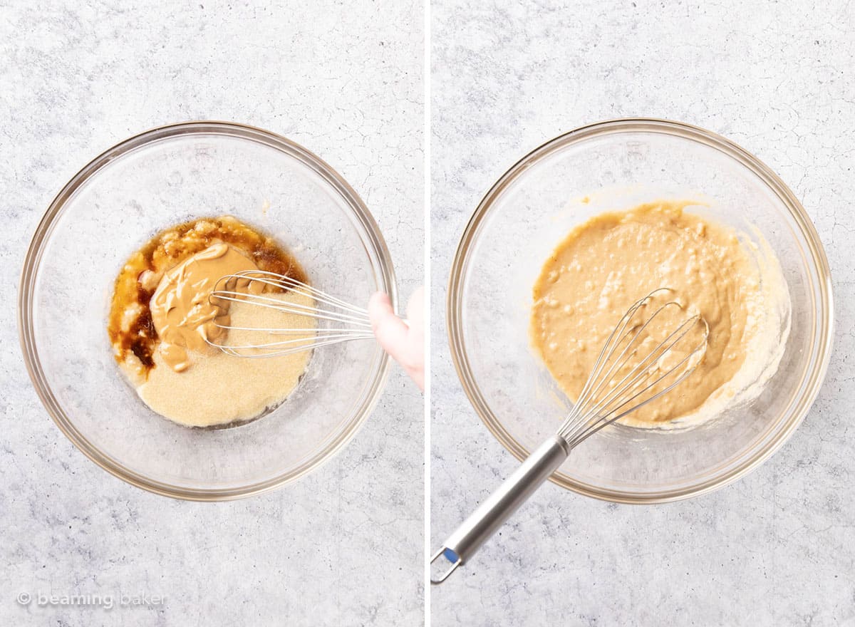 two overhead pics showing how to make breakfast bars - whisking wet ingredients