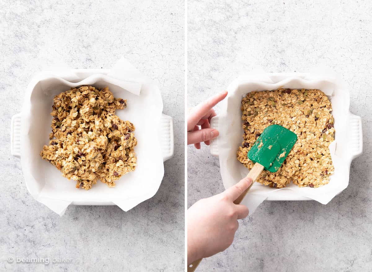 two overhead pics of pouring dough into pan and smoothing before baking