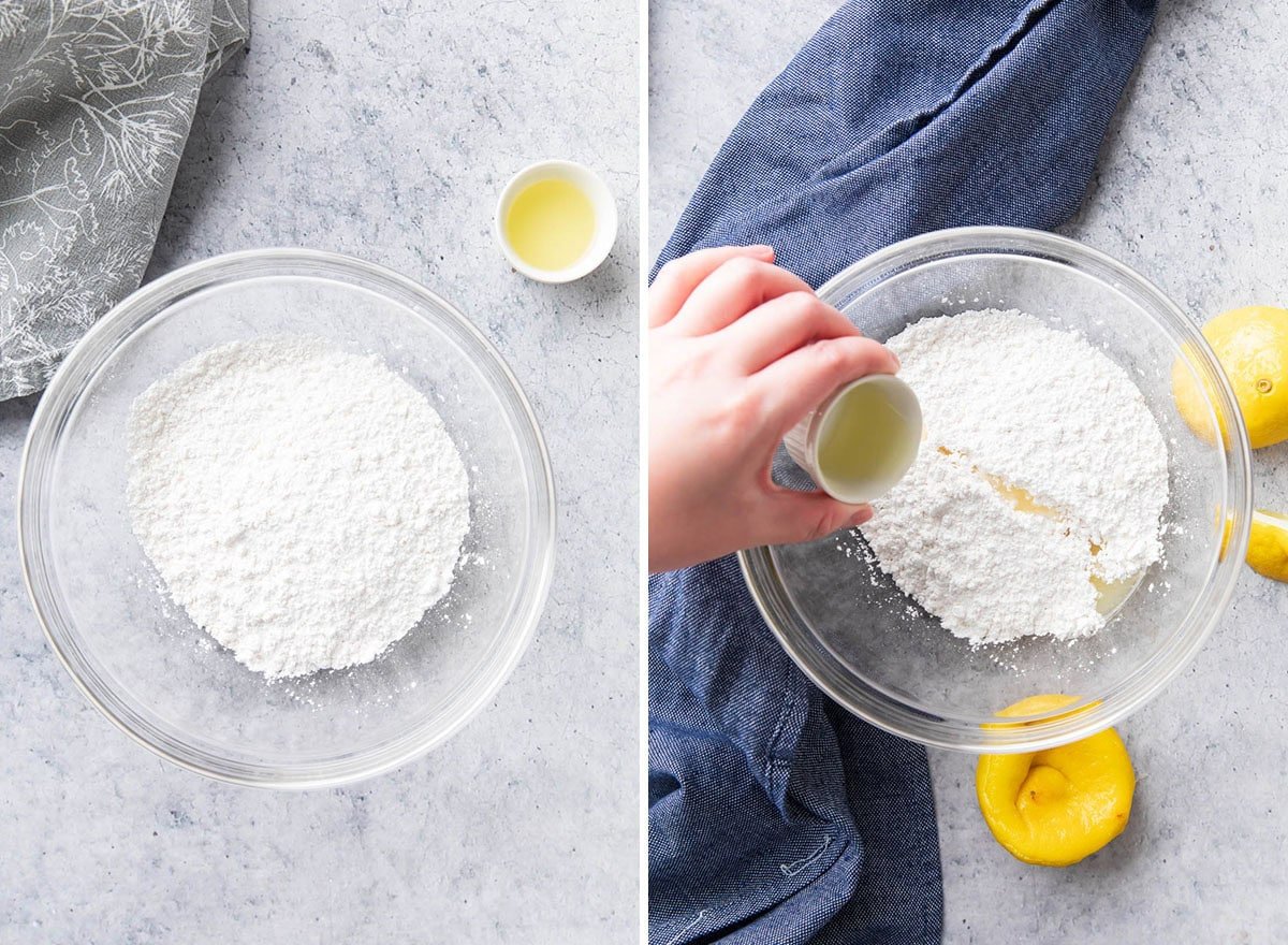 Two photos showing how to make lemon glaze - adding powdered sugar and lemon juice to a mixing bowl
