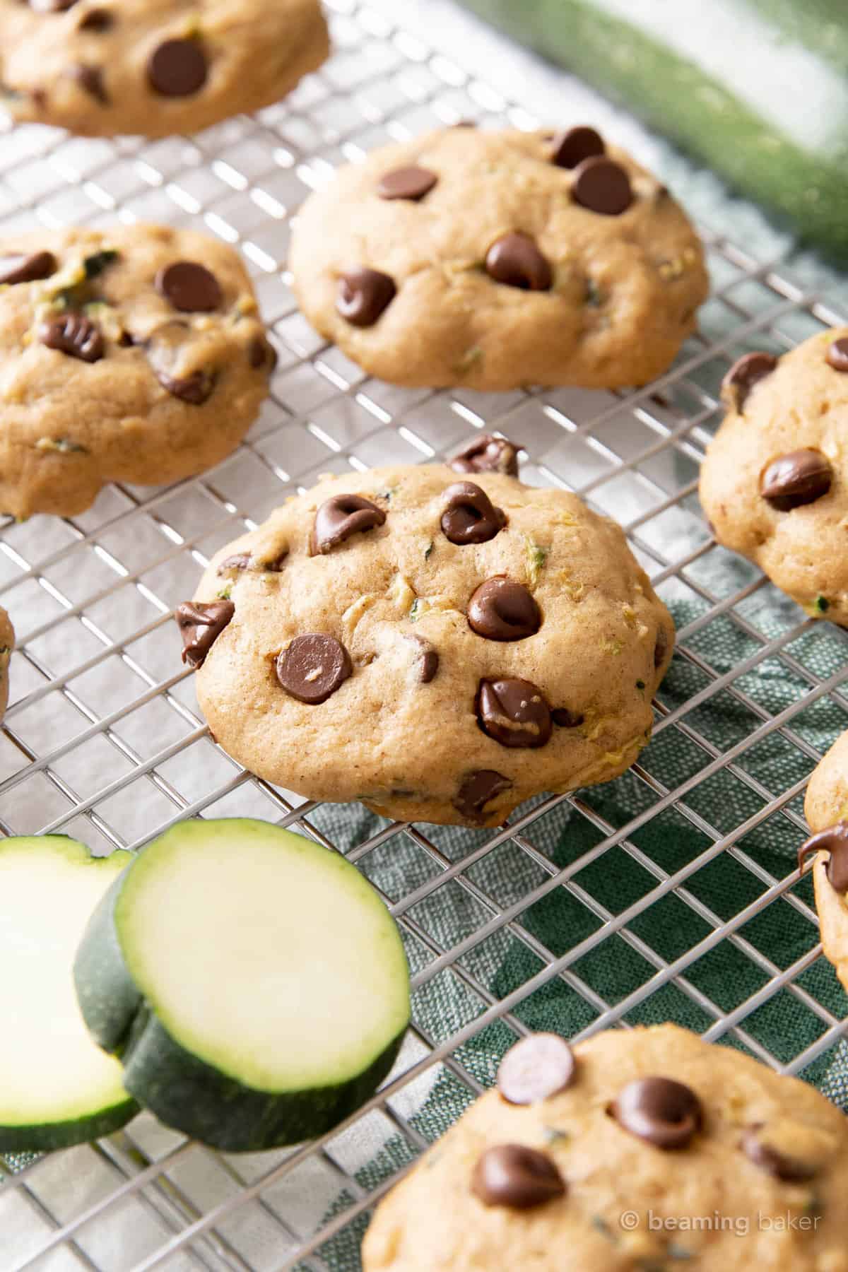 Chocolate chip cookies with zucchini with slices of zucchini cooling