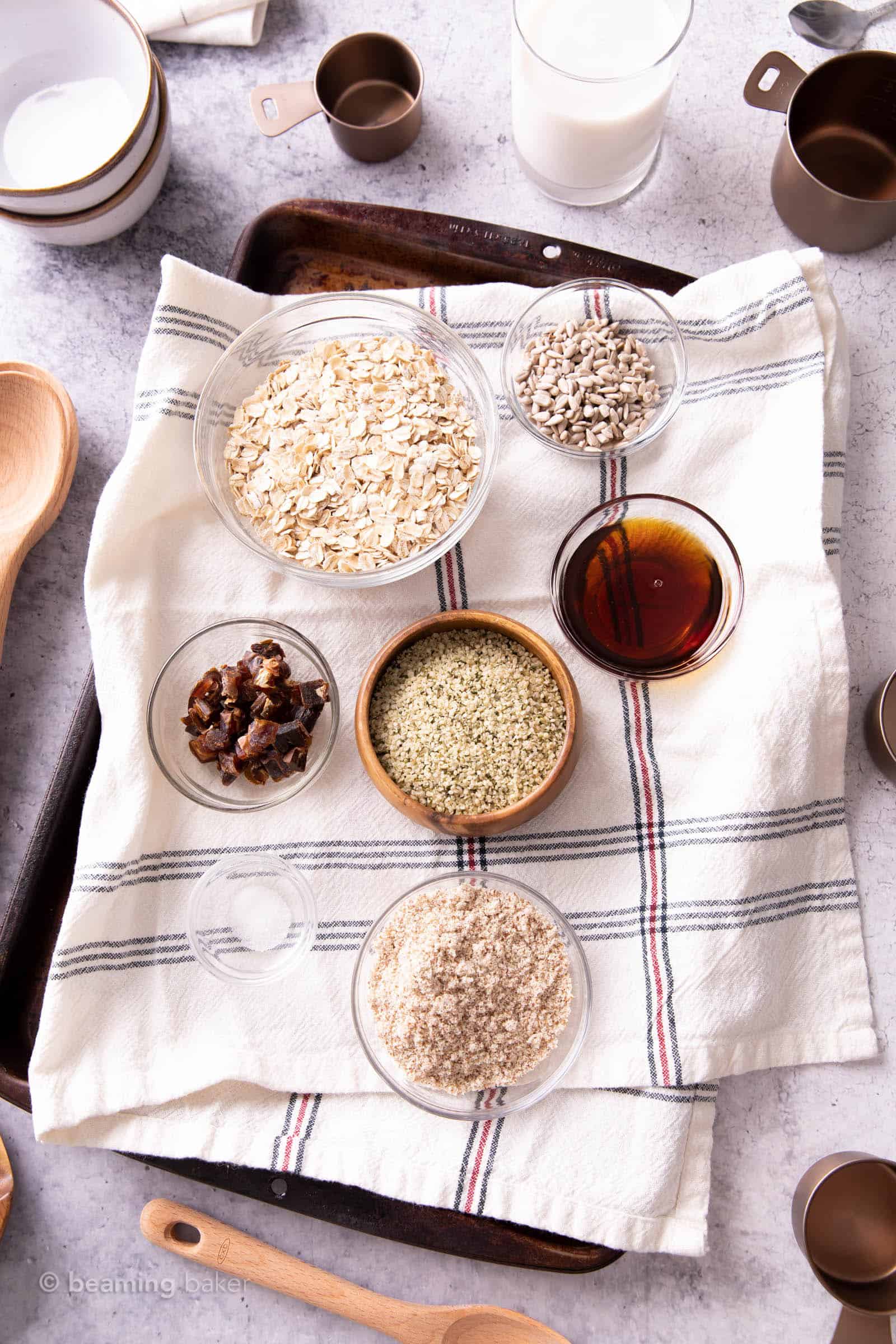 Mise en place bowls filled with ingredients needed to make hemp hearts granola