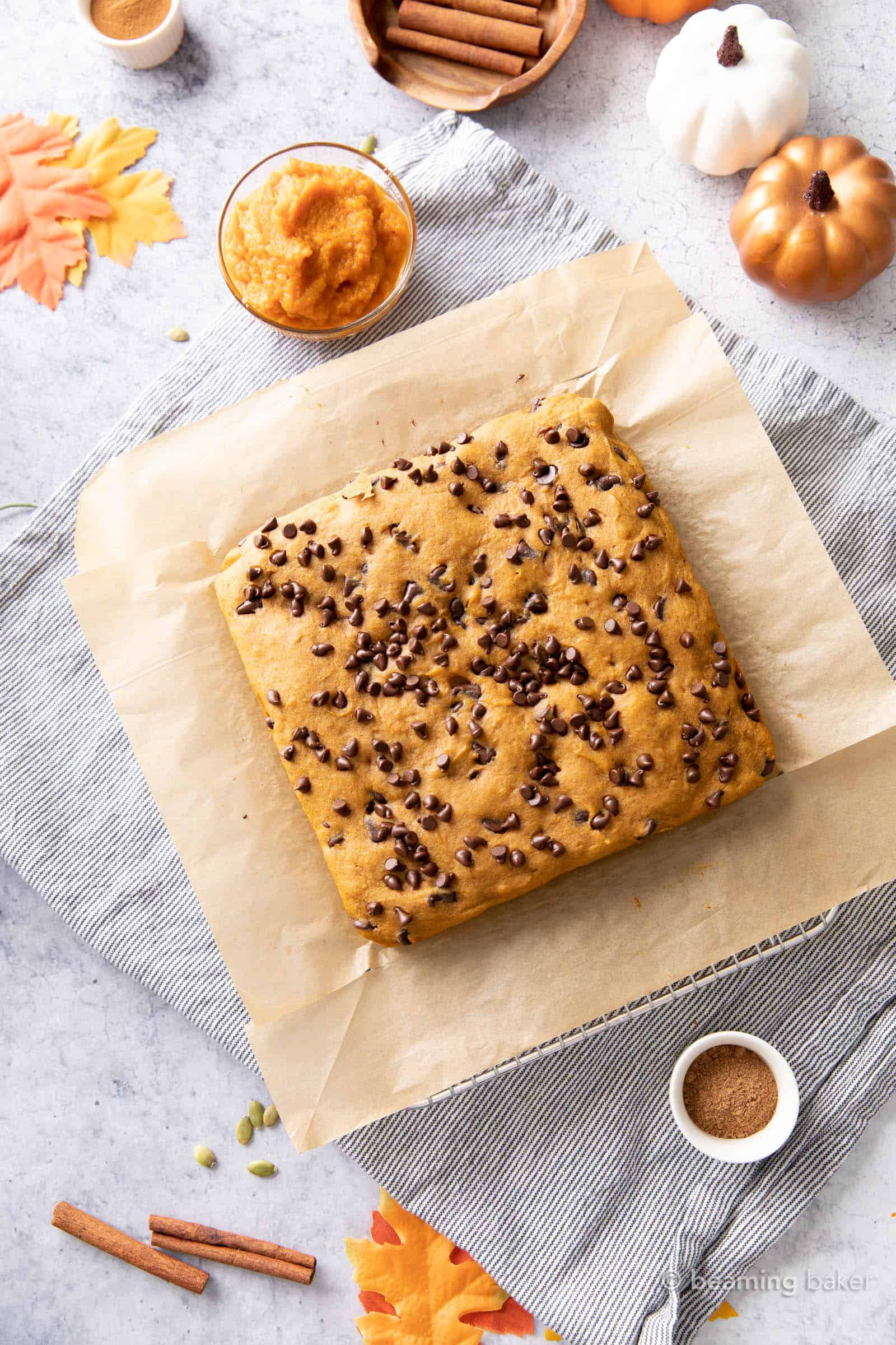 Unsliced pumpkin chocolate chip bars on a cooling rack with pumpkins