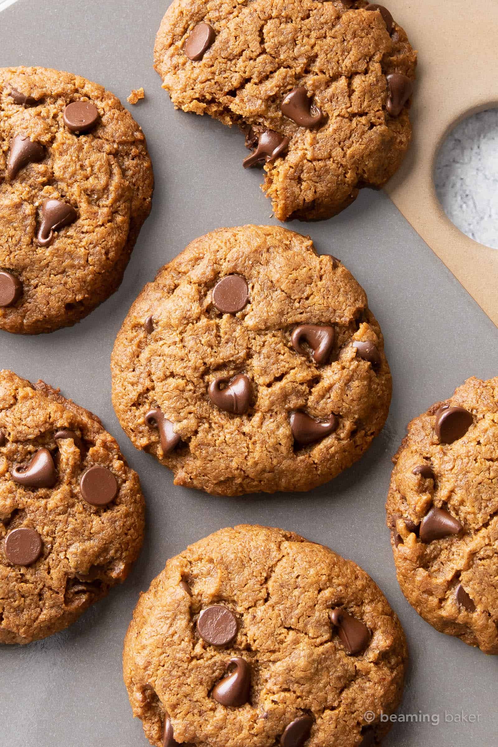 A gray serving tray filled with vegan tahini chocolate chip cookies