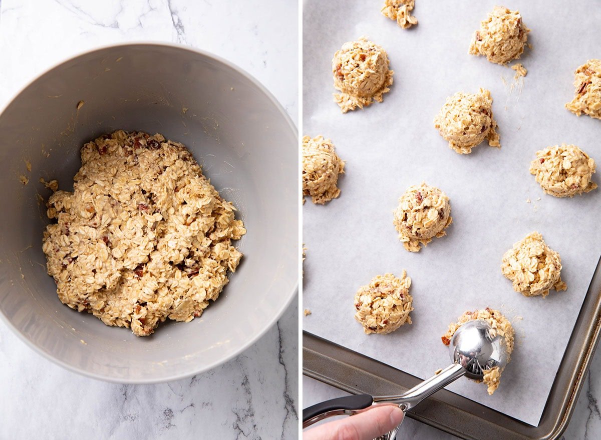 Two photos showing How to Make 3 Ingredient Peanut Butter Banana Cookies - cookie dough with oats folded in and someone scooping dough onto a lined baking sheet