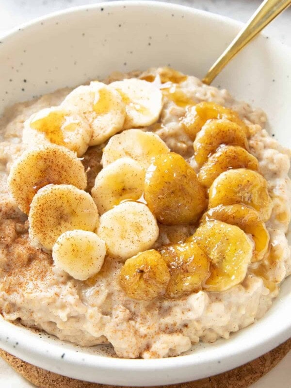 Closeup of maple bananas on top of banana nut protein oatmeal