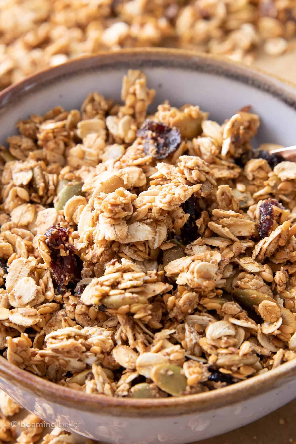 super closeup of flaxseed granola in a brown rimmed bowl