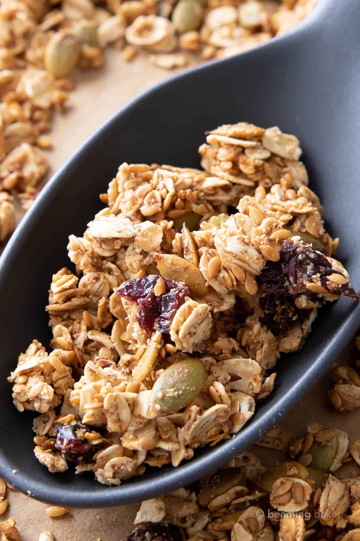 closeup of clusters and dried fruit pieces and oats