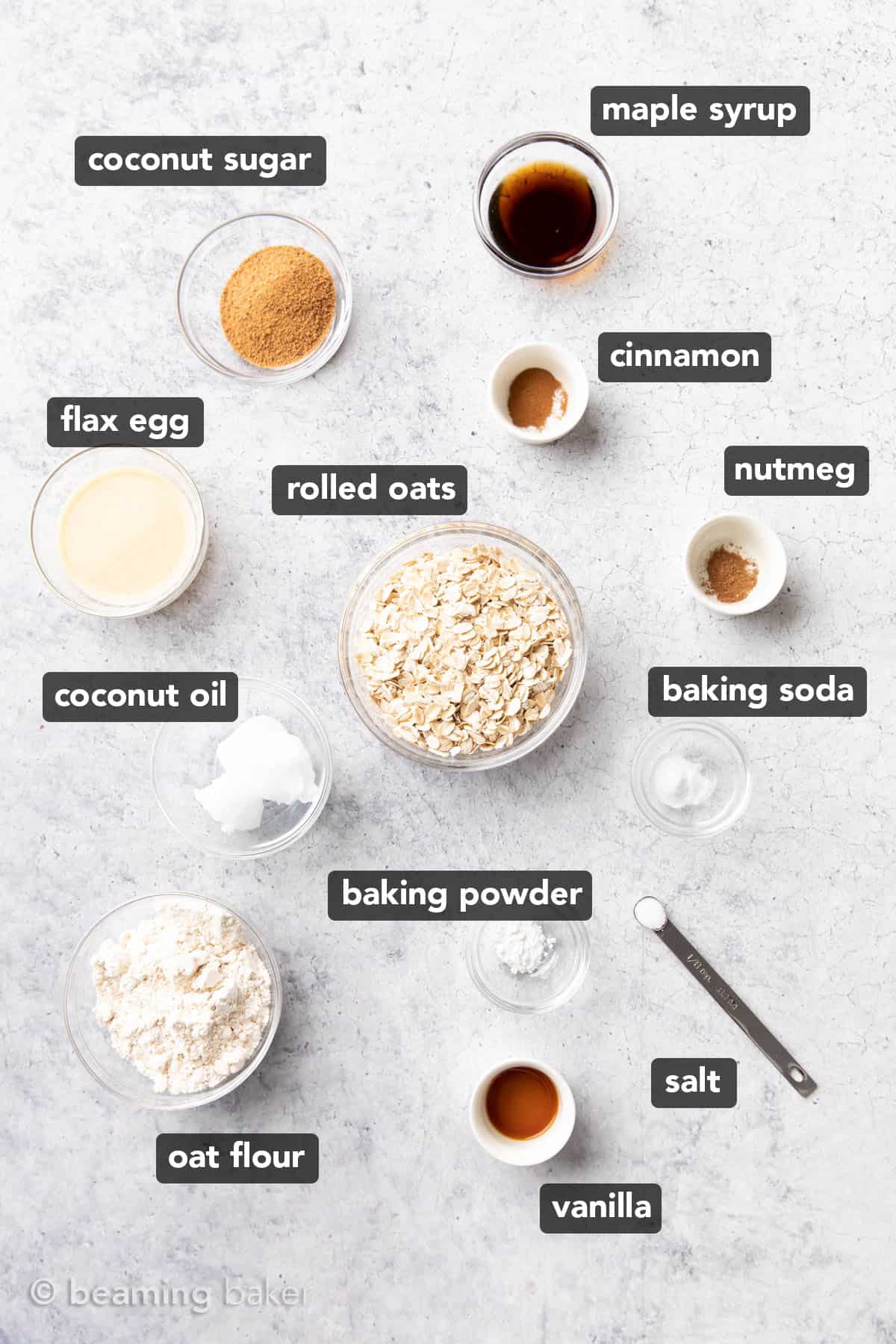 An overhead view of the ingredients needed to make these oatmeal cookies.