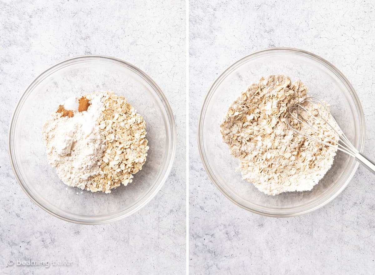 two pics showing dry ingredients for oatmeal cookies in mixing bowl.