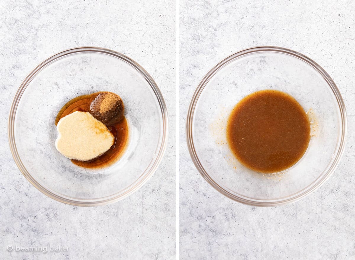 two overhead photos of wet ingredients in mixing bowl for making oatmeal cookies