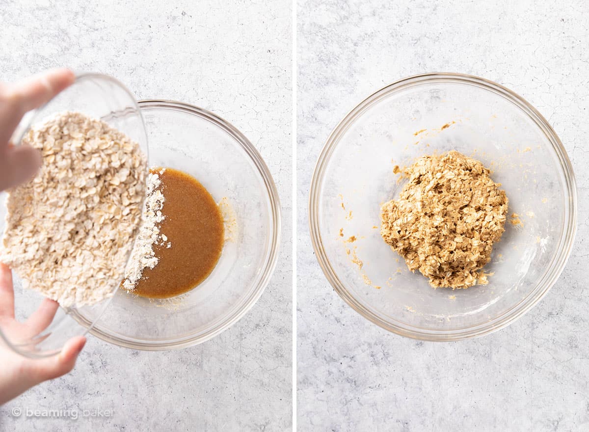 two pics of adding oats into wet ingredients bowl.