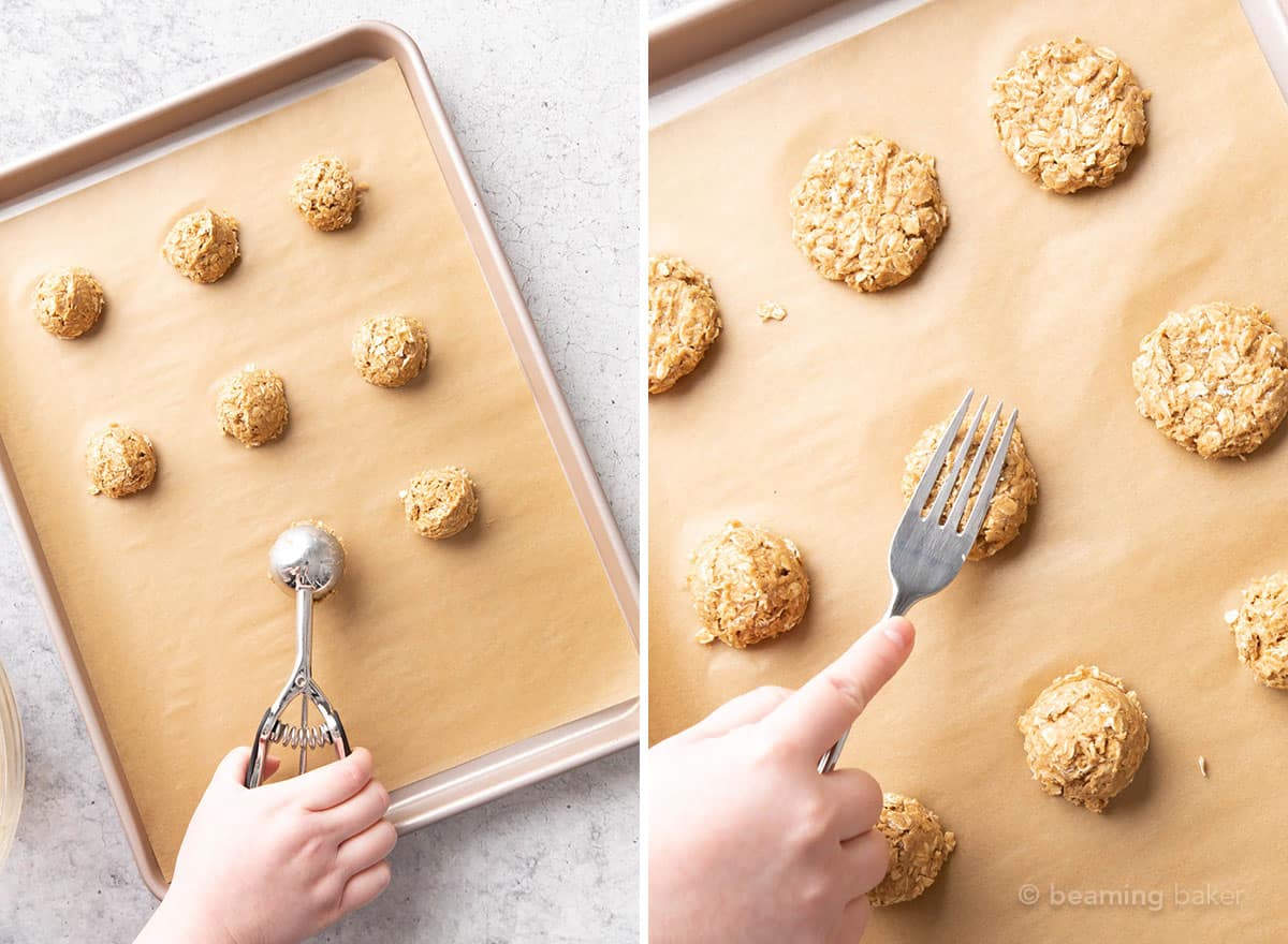 two overhead photos showing hand scooping oatmeal cookie dough onto baking sheet