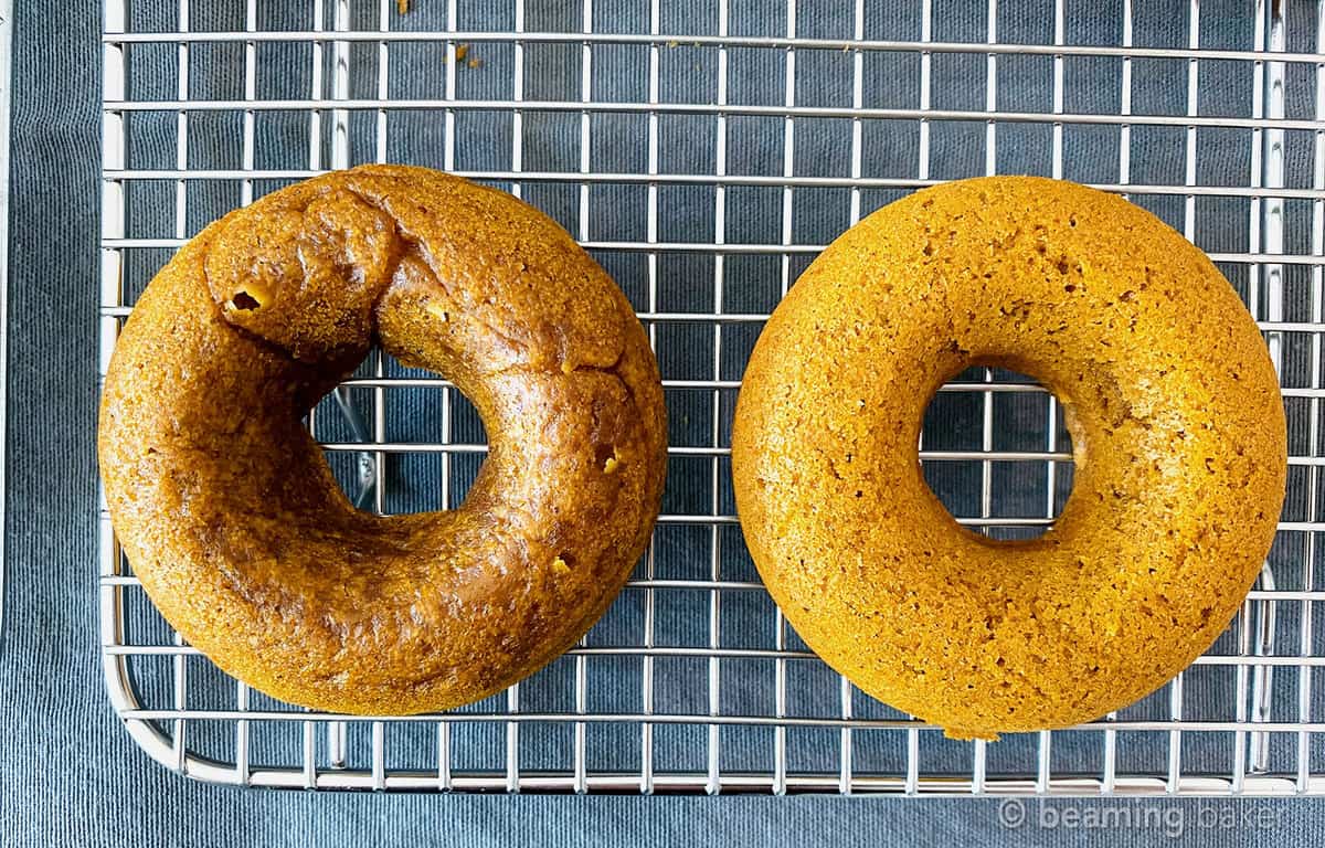 two side by side doughnuts to show difference between greased and non-greased pan