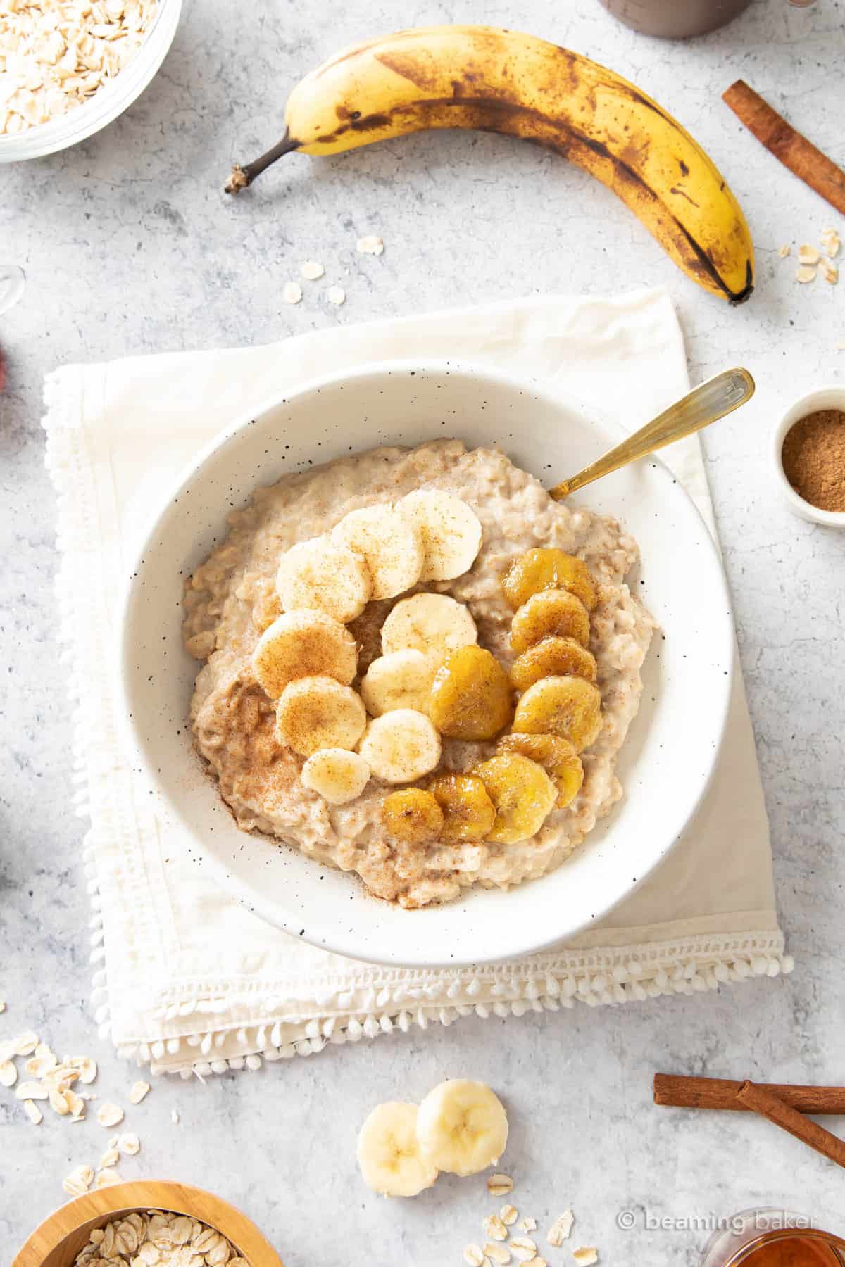 breakfast table with recipe ingredients, pinch bowls, and measuring cups