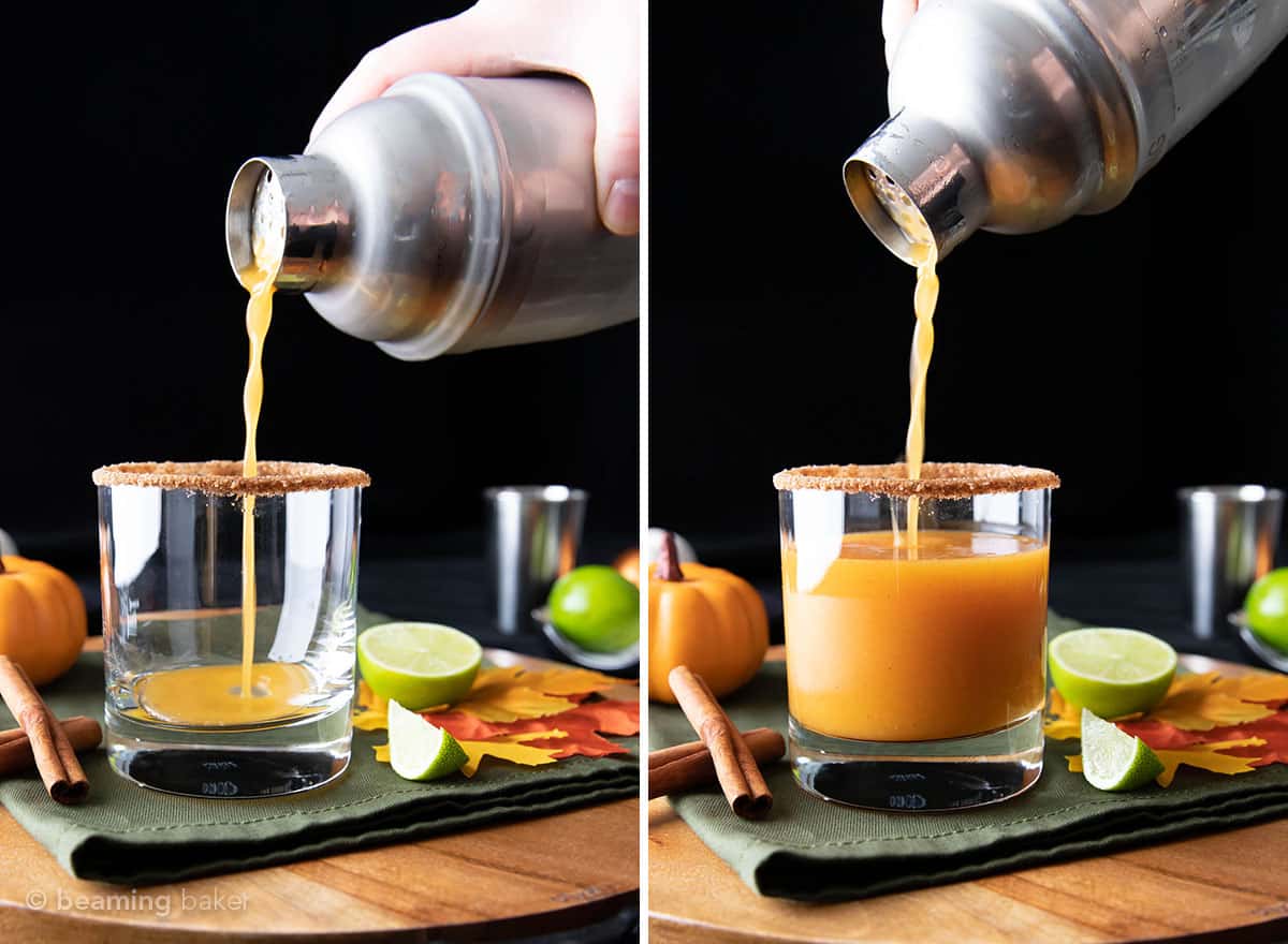 a photo collage of pouring cocktail out of shaker into glass