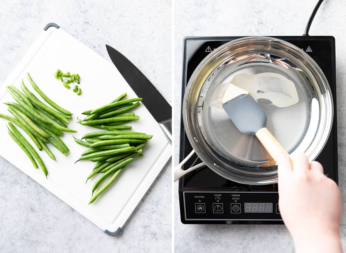 two photos showing how to make blistered green beans - trimming green beans and buttering pan