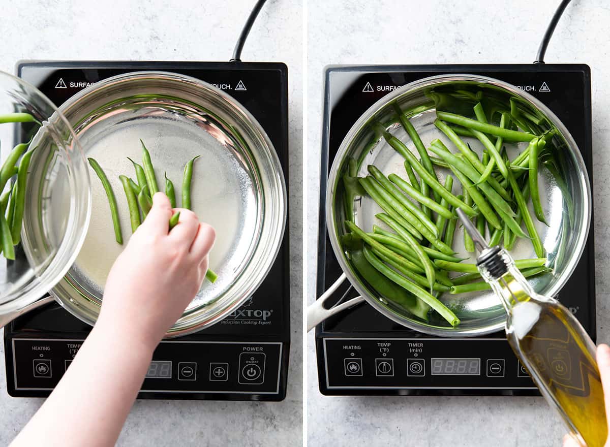 two photos showing how to make blistered green beans - cooking green beans with olive oil