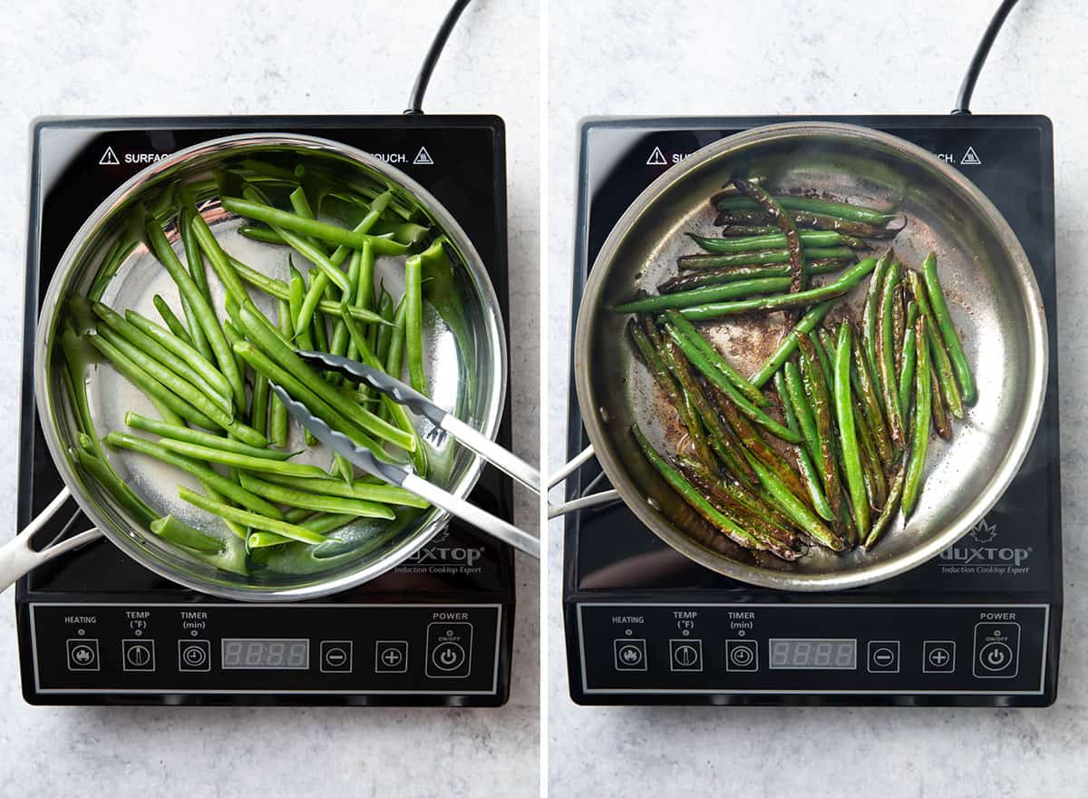 two photos showing how to make blistered green beans - flipping and blistering green beans