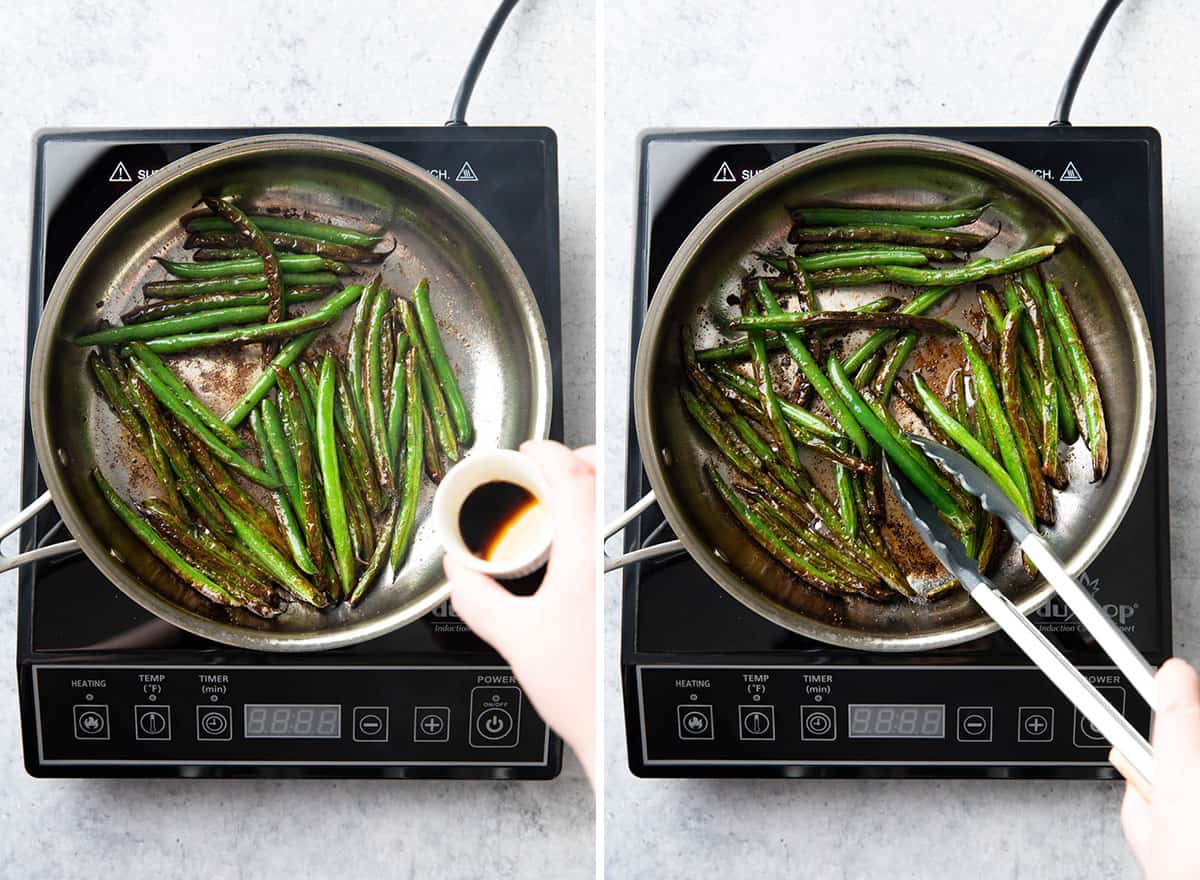 two photos showing how to make this recipe - pouring sauce over pan then transferring to dish