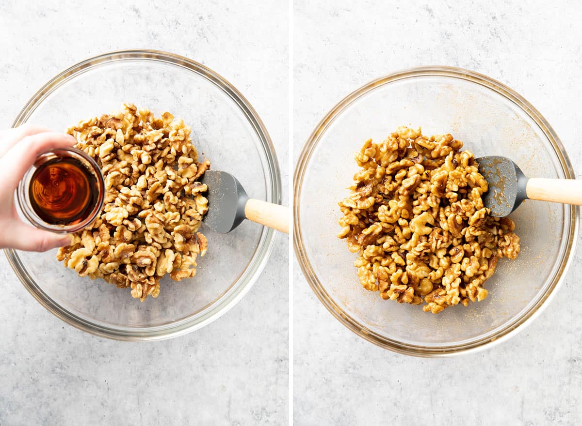 Two photos showing How to Make Candied Walnuts – coating walnuts in wet ingredients