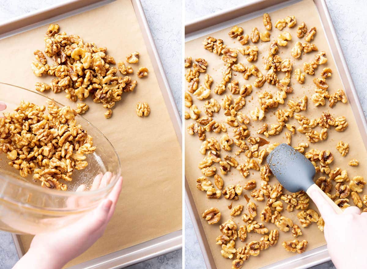 Two photos showing How to Make Candied Walnuts – spreading walnuts on baking sheet