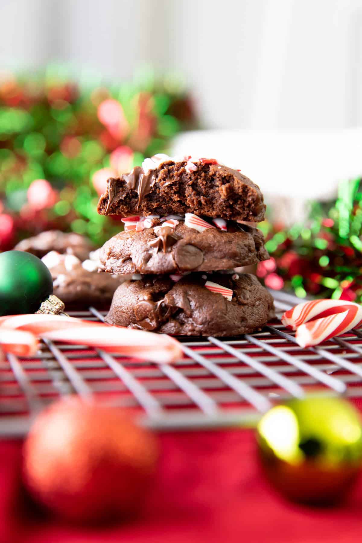 Stack of chocolate peppermint cookies with one bitten