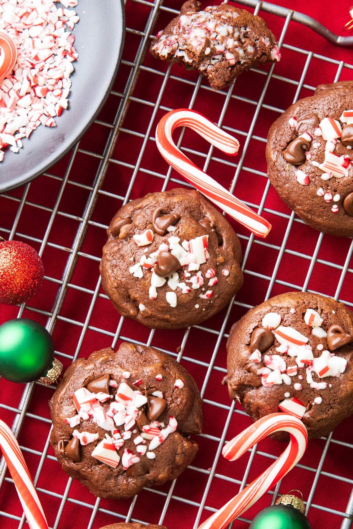 Christmas treats decorated with crushed candy canes and chocolate chips