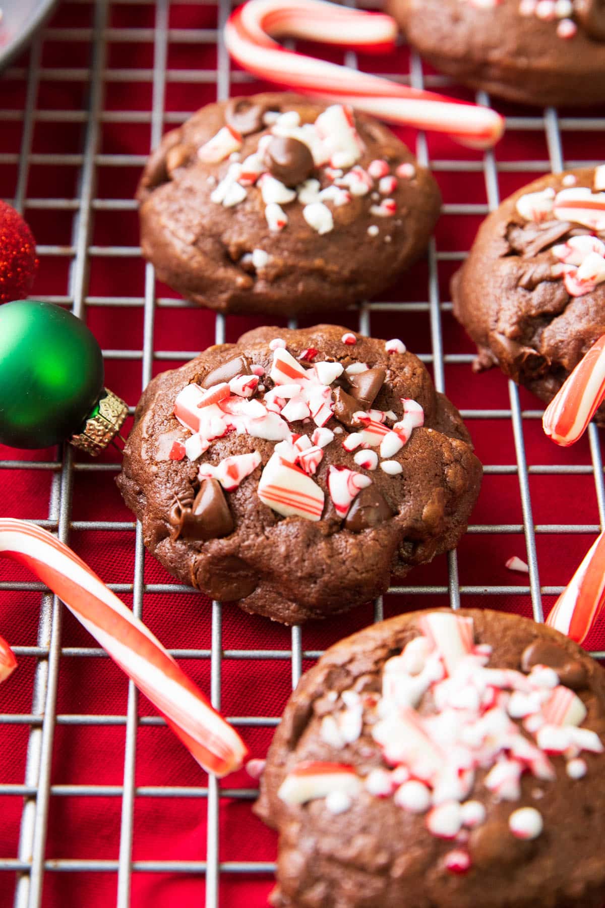 Angled photo of chocolate peppermint cookies on a cooling rack with a red backdrop