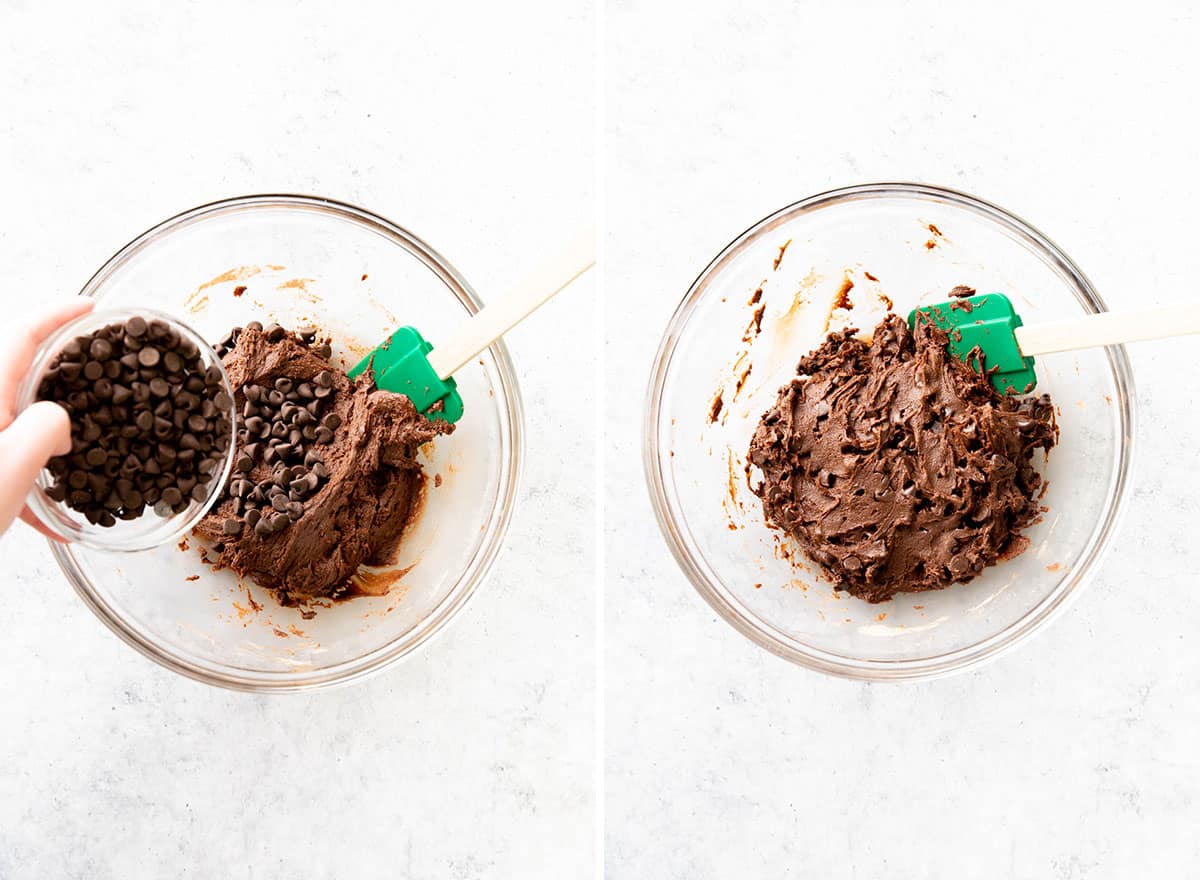 Two photos showing How to Make Chocolate Peppermint Cookies – folding chocolate chips into dough