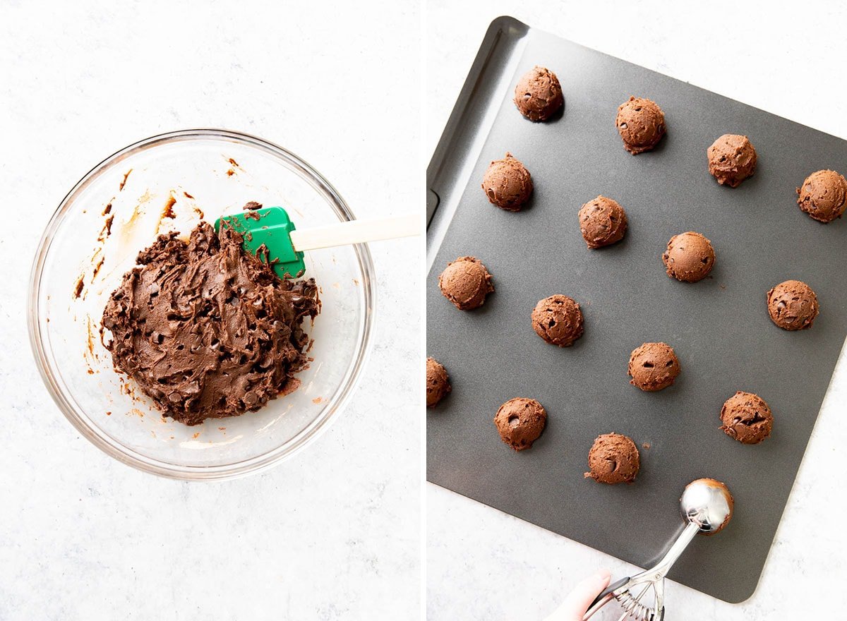 Scooping the cookie dough onto a baking sheet