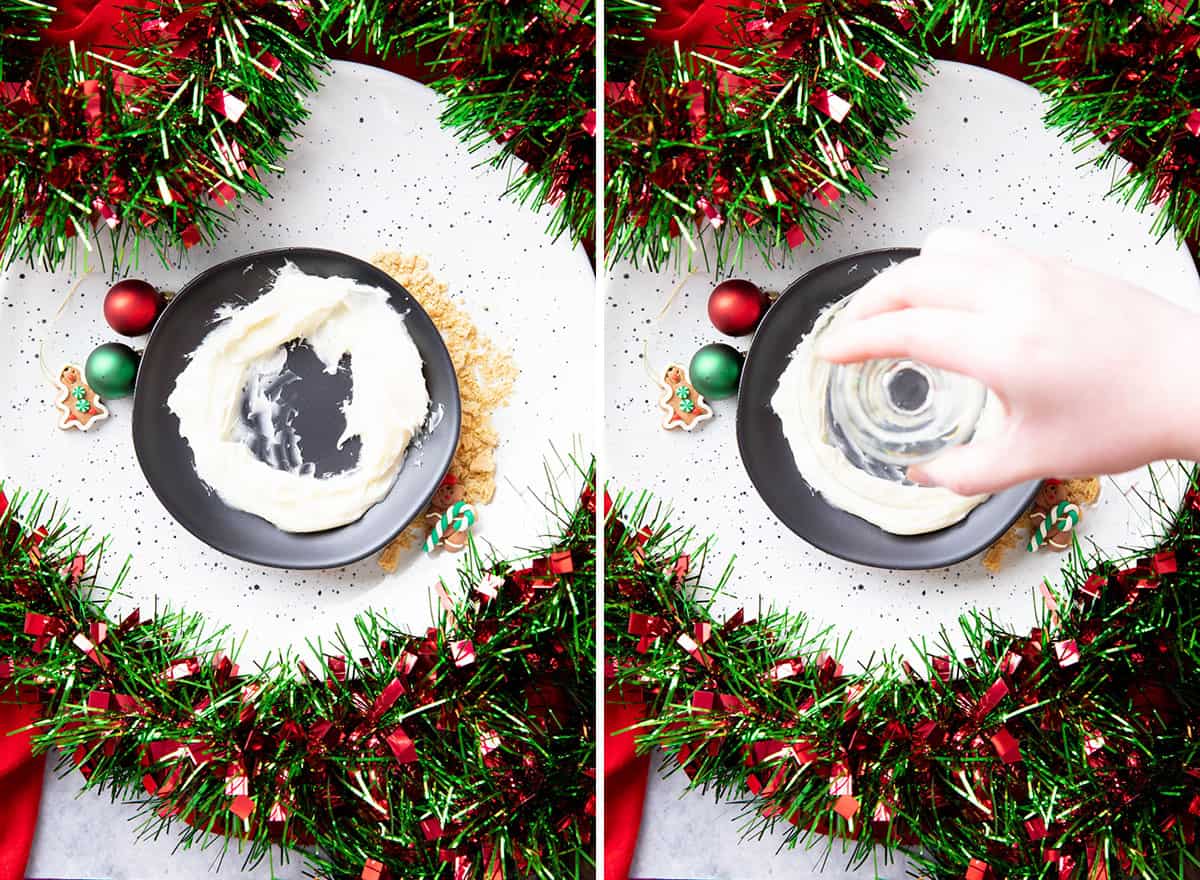 Two photos showing how to make Gingerbread Martini – dipping rim in frosting