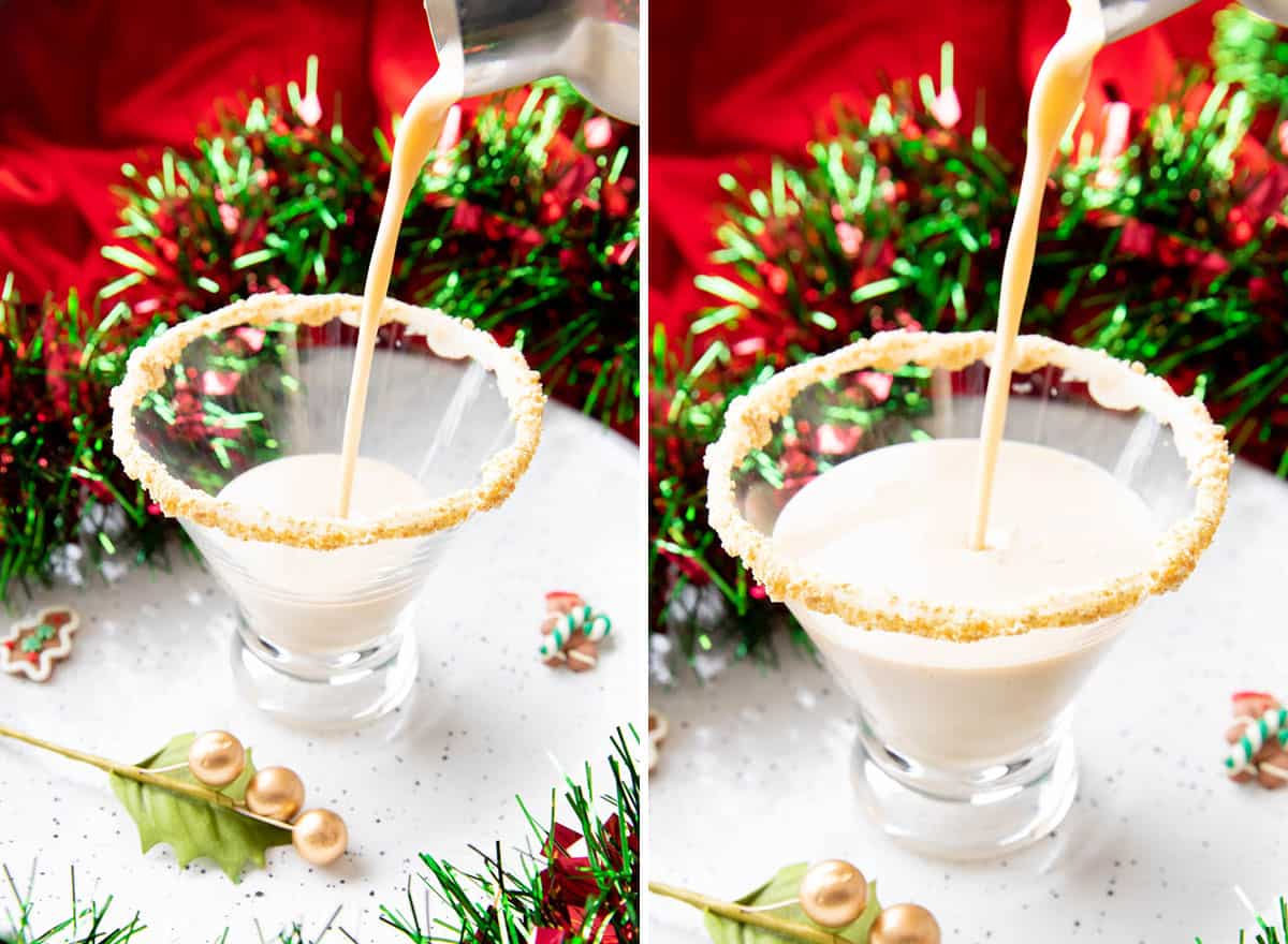 Two photos showing how to make Gingerbread Martini – straining cocktail into glass