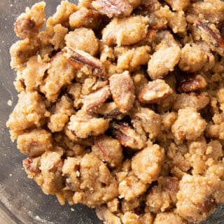 closeup shot of streusel topping in a glass bowl