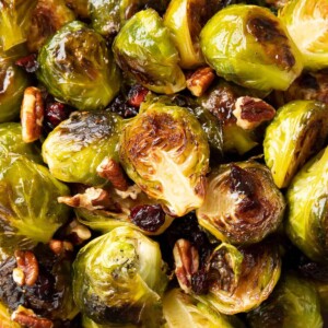 a square photo of maple brussels sprouts