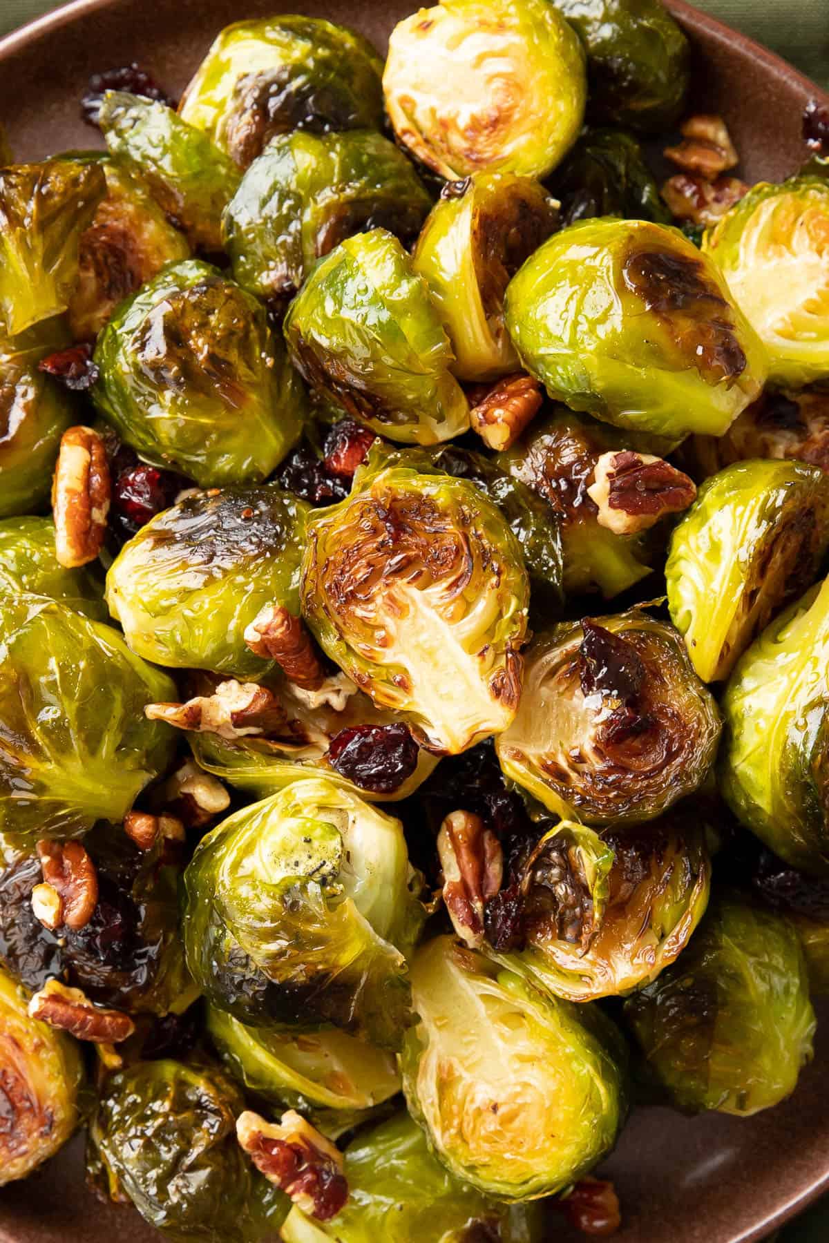 maple brussel sprouts on brown plate