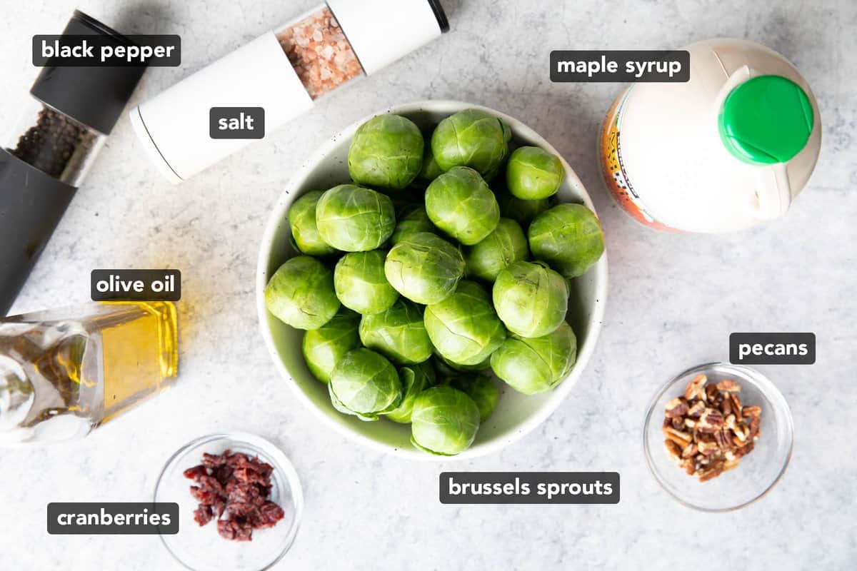 ingredients for Maple Brussels sprouts laid out on a gray kitchen table